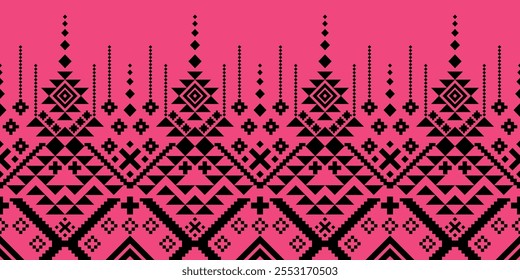 A vibrant geometric pattern in a bold black and pink color palette. The design features a repeating motif of triangles, squares, and crosses, inspired by traditional tribal art. 