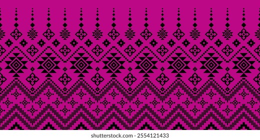 A vibrant geometric pattern in a bold black and pink color palette. The design features a repeating motif of diamonds, triangles, and squares, inspired by traditional Thai art. 