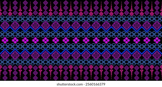 A vibrant geometric pattern in a bold color palette of pink, blue, and black. The design features a repeating motif of triangles, squares, and diamonds, creating a dynamic and energetic look.