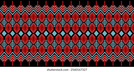 A vibrant geometric pattern in a bold color palette of red, blue, and white. The design features a repeating motif of diamonds, squares, and crosses, creating a dynamic and energetic look. 
