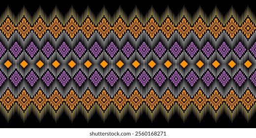 A vibrant geometric pattern in a bold color palette of orange, purple, and white. The design features a repeating motif of diamonds and zigzags, creating a dynamic and energetic look. 
