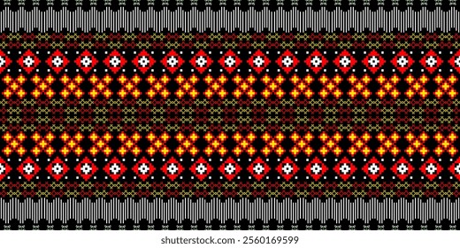 A vibrant geometric pattern in a bold color palette of red, yellow, white, and black. The design features a repeating motif of diamonds and squares, creating a dynamic and energetic look. 