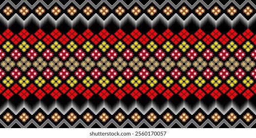 A vibrant geometric pattern in a bold color palette of red, yellow, white, and black. The design features a repeating motif of diamonds, squares, and zigzags, creating a dynamic and energetic look.