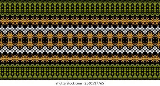 A vibrant geometric pattern in a bold color palette of green, orange, white, and black. The design features a repeating motif of diamonds, squares, and crosses, creating a dynamic and energetic look. 