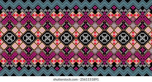 A vibrant geometric pattern in a bold color palette of pink, blue, yellow, and black. The design features a repeating motif of diamonds, squares, and zigzags, creating a dynamic and energetic look. 