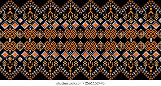 A vibrant geometric pattern in a bold color palette of orange, blue, white, and black. The design features a repeating motif of diamonds, squares, and crosses, creating a dynamic and energetic look.