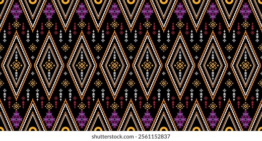 A vibrant geometric pattern in a bold color palette of orange, yellow, purple, white, and black. The design features a repeating motif of diamonds and zigzags, creating a dynamic and energetic look. 