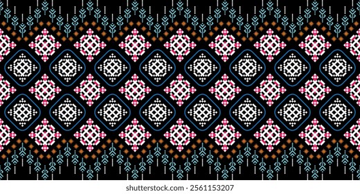 A vibrant geometric pattern in a bold color palette of blue, pink, orange, white, and black. The design features a repeating motif of diamonds, squares, and crosses, creating a dynamic and energetic 