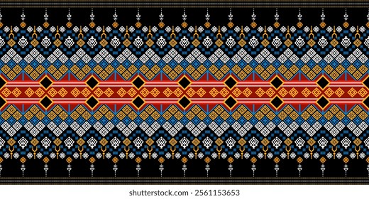 A vibrant geometric pattern in a bold color palette of red, blue, yellow, white, and black. The design features a repeating motif of diamonds, squares, and crosses, creating a dynamic and energetic 