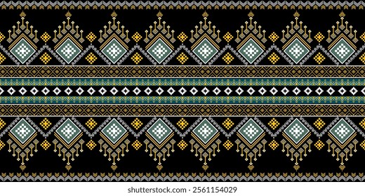 A vibrant geometric pattern in a bold color palette of yellow, green, white, and black. The design features a repeating motif of diamonds, squares, and crosses, creating a dynamic and energetic look. 