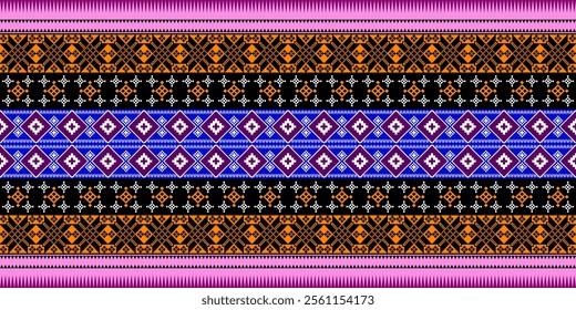 A vibrant geometric pattern in a bold color palette of pink, blue, orange, white, and black. The design features a repeating motif of diamonds, squares, and crosses, creating a dynamic and energetic 