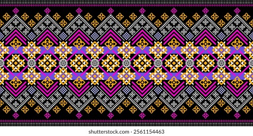 A vibrant geometric pattern in a bold color palette of pink, purple, yellow, orange, white, and black. The design features a repeating motif of diamonds, squares, and crosses, creating a dynamic 