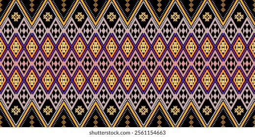 A vibrant geometric pattern in a bold color palette of black, orange, yellow, purple, white, and pink. The design features a repeating motif of triangles, squares, and crosses, creating a dynamic