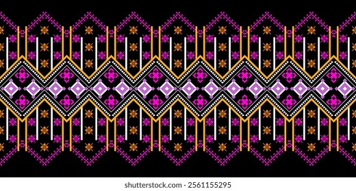 A vibrant geometric pattern in a bold color palette of pink, purple, yellow, orange, and black. The design features a repeating motif of diamonds, squares, and crosses, creating a dynamic 