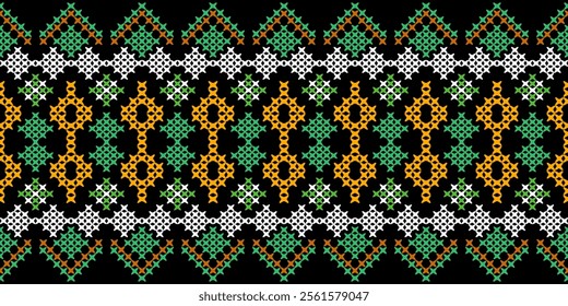 A vibrant geometric pattern in a bold color palette of green, orange, and white. The design features a repeating motif of squares, crosses, and stars, creating a dynamic and festive look. 