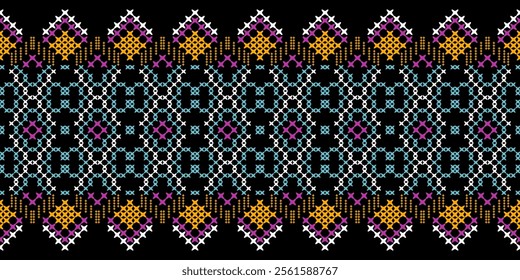 A vibrant geometric pattern in a bold color palette of pink, purple, blue, orange, white, and black. The design features a repeating motif of squares, crosses, and stars, creating a dynamic and energe