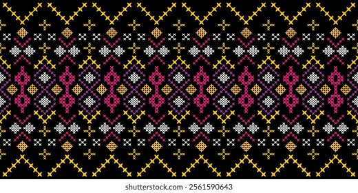 A vibrant geometric pattern in a bold color palette of pink, orange, yellow, white, and black. The design features a repeating motif of squares, crosses, and stars, creating a dynamic and energetic 