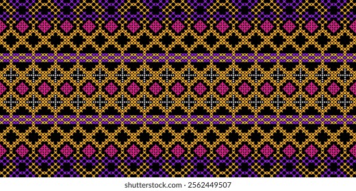 A vibrant geometric pattern in a bold color palette of pink, purple, yellow, and black. The design features a repeating motif of squares, crosses, and stars, creating a dynamic and energetic look. 