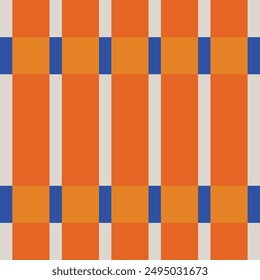 Vibrant geometric pattern with bold orange stripes, blue accents, and cream background, creating a striking visual effect. Perfect for fashion, home decor, and graphic design projects.