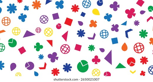Patrón geométrico vibrante con Formas audaces y Colores brillantes que incluyen gráficos circulares, triángulos, flores e iconos, ideal para la Educación, el arte Abstractas y los fondos.
