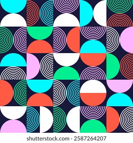 Vibrant Geometric Pattern with Circles and Semi-Circles on Dark Background Vector Illustration