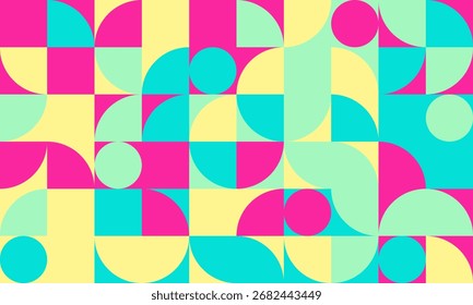 Vibrant geometric pattern with circles and squares in bold pink, teal, and yellow.  Perfect for modern backgrounds, website design, or textile prints.