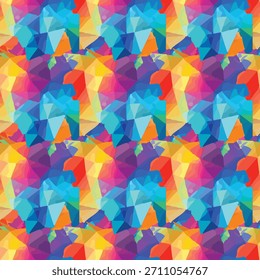 Vibrante patrón geométrico con una colorida mezcla de tonos azules, naranjas, rosados y amarillos, creando un efecto visual hipnotizante.