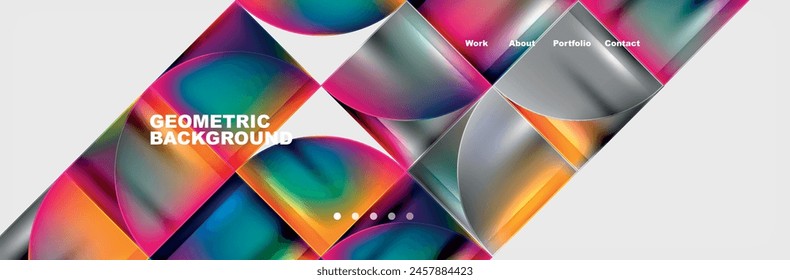 A vibrant geometric pattern with colorful circles and squares on a white background. The design showcases a mix of colorfulness and creative arts with a liquidlike feel, reminiscent of aqua