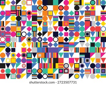 Vibrant geometric pattern with colorful shapes and symbols on white background for design and decoration with illustration and graphic and abstract and texture and circles