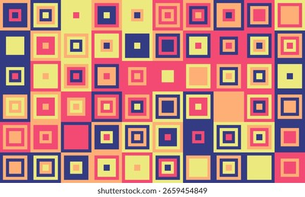 Vibrant geometric pattern of colorful squares.  Perfect for backgrounds, textiles, or modern design projects.  This playful, retroinspired abstract image evokes feelings of energy and creativity.