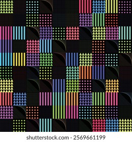 Vibrant Geometric Pattern: Colorful Triangles, Stripes, and Dots