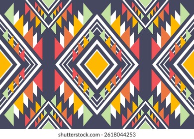 A vibrant geometric pattern with colorful triangles and diamonds creates a mesmerizing symmetrical abstract design with unique ethnic vibes..