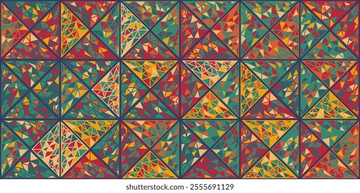 Vibrant geometric pattern with colorful triangular shapes, creating a dynamic and energetic design.