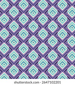 Vibrant geometric pattern composed of interlocking diamonds and stripes in shades of purple, blue, and cream