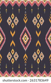 Vibrant geometric pattern with diamond shapes and abstract motifs in pink, orange, and white on dark background for Seamless pattern