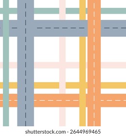 A vibrant geometric pattern displays various intersecting lines in soft pastel colors. The design features a mix of horizontal and vertical lines, creating a lively and dynamic visual effect.