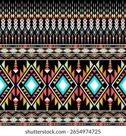 A vibrant geometric pattern features colorful triangles diamonds and arrows arranged in horizontal rows against a black backdrop