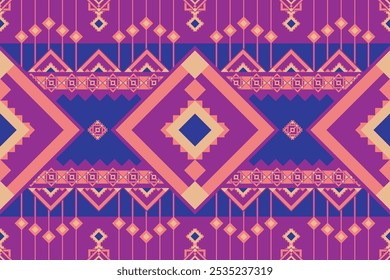 A vibrant geometric pattern featuring bold diamond shapes and intricate tribal elements in pink, blue, and orange, arranged in a symmetrical, decorative layout