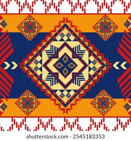 Vibrant geometric pattern featuring bold colors and intricate designs, showcasing mix of red, blue, yellow, and cream elements. Perfect for textiles or wallpapers.