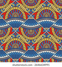 A vibrant geometric pattern featuring bold colors and intricate designs, suitable for textiles or wallpaper.