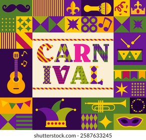 A vibrant geometric pattern featuring carnival masks, musical instruments, and festive elements inspired by Mardi Gras. A seamless vector illustration.