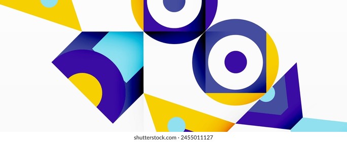 A vibrant geometric pattern featuring circles and triangles in electric blue hues on a white background. This art piece combines shapes and colors to create a striking design
