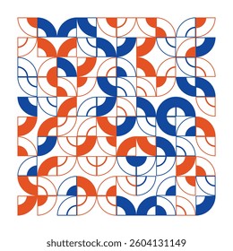 A vibrant geometric pattern featuring circles, semi-circles, and lines in blue and orange hues. Ideal for modern designs and artistic projects.