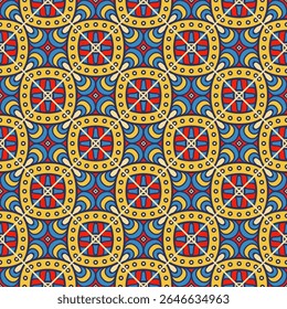 A vibrant geometric pattern featuring circles, stars, and intricate designs in red, yellow, blue, and green.