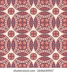 A vibrant geometric pattern featuring circular shapes and intricate designs in warm colors.
