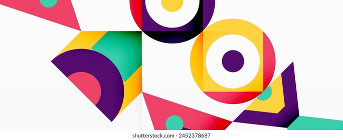 Vibrant geometric pattern featuring colorful circles and triangles on a white background, creating a captivating art piece with a mix of shapes and tints