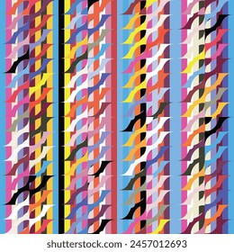 Ein lebendiges geometrisches Muster mit bunten Rechtecken in Farben und Schattierungen von elektrischem Blau und Magenta auf einem fetten blauen Hintergrund