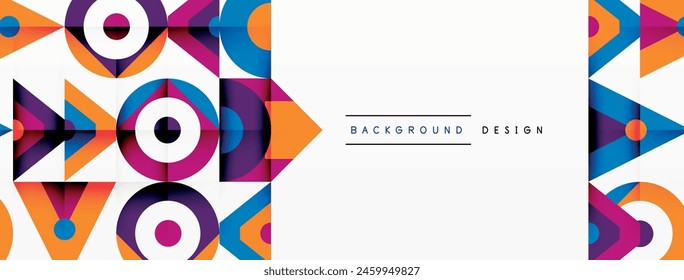 A vibrant geometric pattern featuring colorful arrows, circles, and triangles in electric blue and magenta on a white background. Perfect for a modern logo or graphic art design