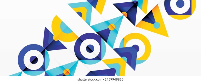 A vibrant geometric pattern featuring colorful triangles and circles in electric blue and white, creating a symmetrical design reminiscent of abstract art paintings