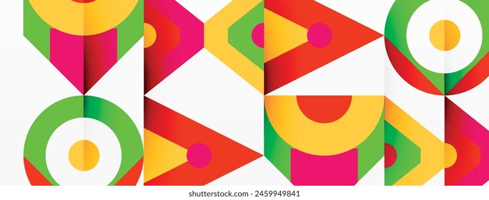 Un patrón geométrico vibrante con triángulos coloridos y rectángulos en tonos magenta sobre un fondo blanco, mostrando simetría y creatividad en el arte textil
